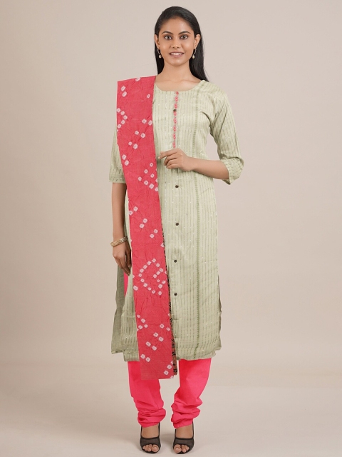 

Pothys Green & Coral Printed Unstitched Dress Material