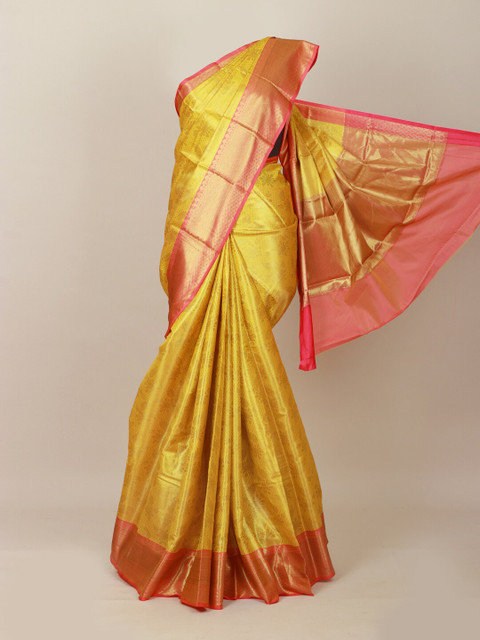 

Pothys Yellow & Gold-Toned Woven Design Art Silk Banarasi Saree