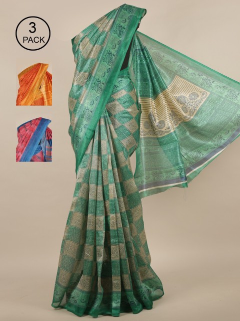 

Pothys Green & Red Floral Jute Pack of 3 Silk Saree