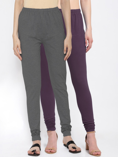 

KLOTTHE Women Pack Of 2 Solid Cotton Churidar-Length Leggings, Purple