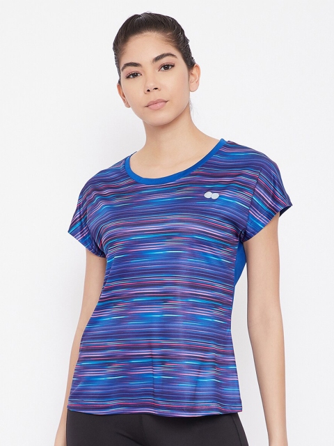 

Clovia Women Blue Striped Extended Sleeves Sports T-shirt