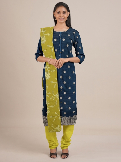 Pothys Women Blue & Green Embroidered Unstitched Dress Material