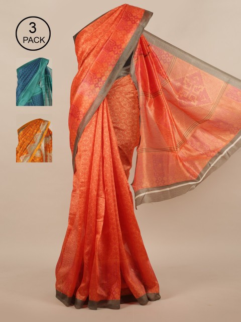 

Pothys Orange & Blue Pack of 3 Jute Silk Saree