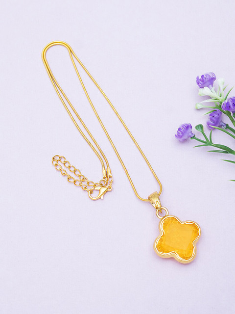 

Golden Peacock Women Gold-Toned & Yellow Stone-Studded Floral Shaped Pendant with Chain