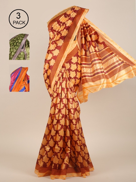 

Pothys Orange & Green Pack of 3 Floral Jute Silk Saree