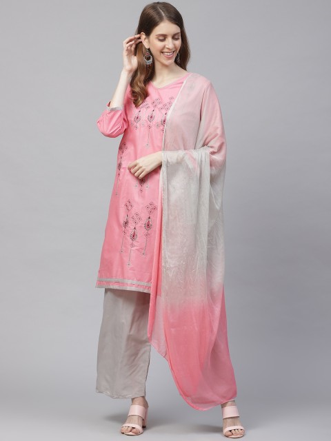 

Ishin Women Pink Ethnic Motifs Embroidered Angrakha Pure Cotton Kurti with Salwar & With Dupatta