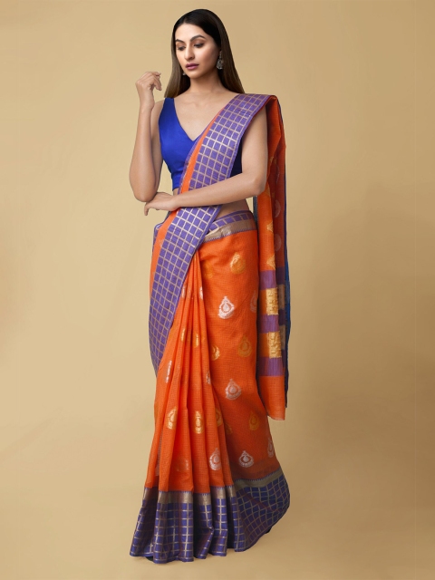 

Unnati Silks Orange & Blue Ethnic Motifs Zari Silk Blend Kota Saree