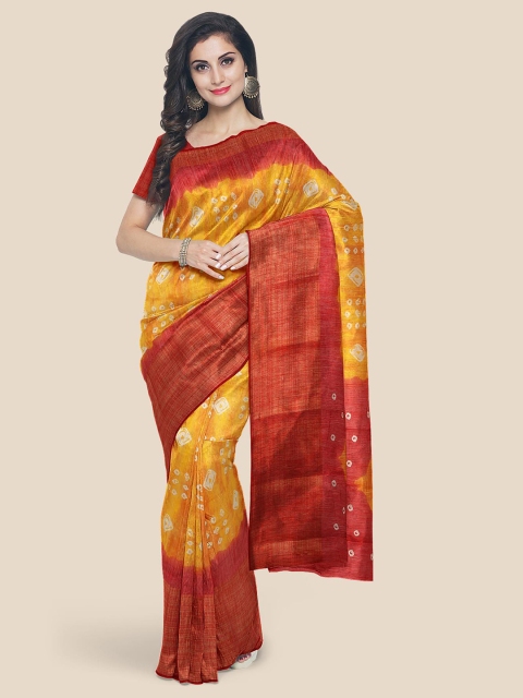 

KLM Fashion Mall Yellow & Red Bandhani Linen Blend Saree