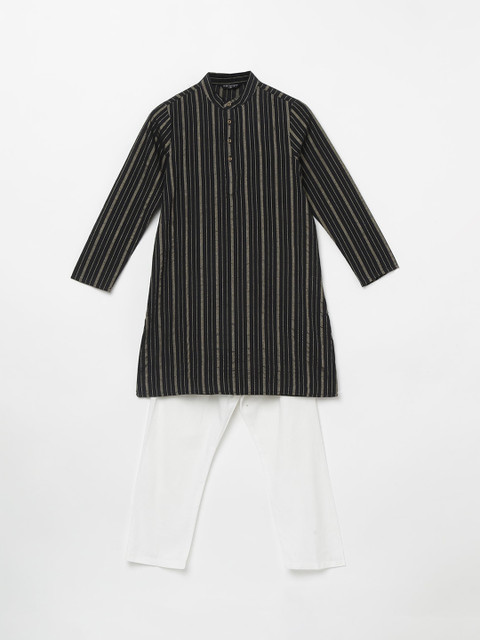

Melange by Lifestyle Boys Black & White Striped Pure Cotton Straight Kurta with Pyjamas