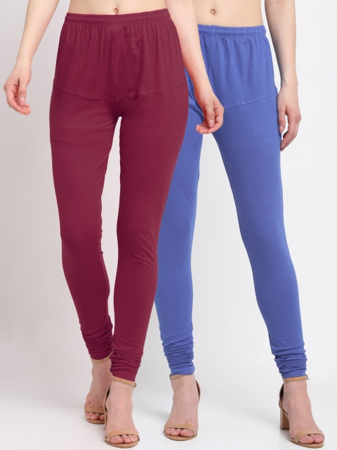 KLOTTHE Women Pack of 2 Blue & Maroon Solid Cotton Churidar-Length Leggings