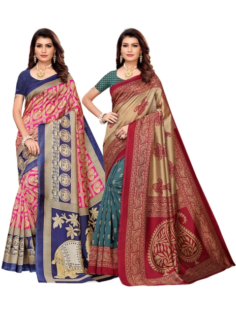 

KALINI Pink & Teal Ethnic Motifs Pack of 2 Art Silk Saree