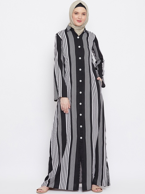 

MOMIN LIBAS Women Black & White Striped Front Open Burqa