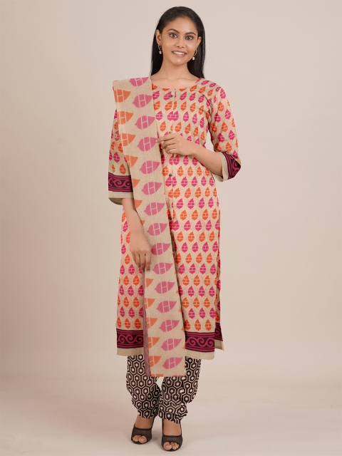 

Pothys Cream-Coloured & Pink Printed Unstitched Dress Material
