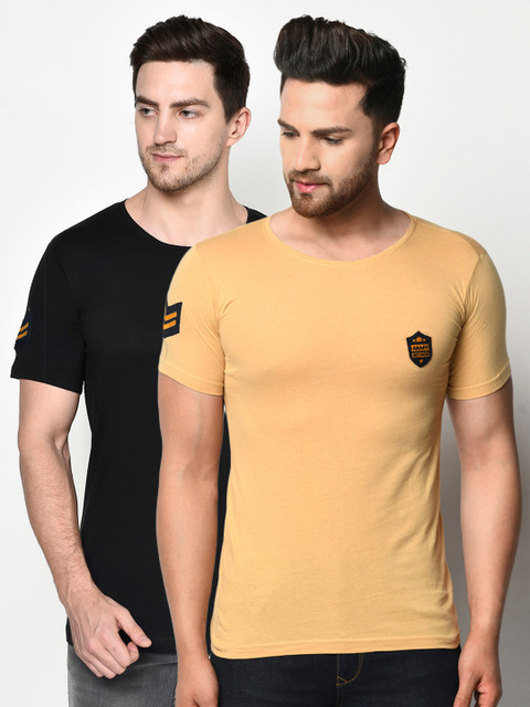 

ELEGANCE Men Pack Of 2 Solid Cotton T-shirt, Black
