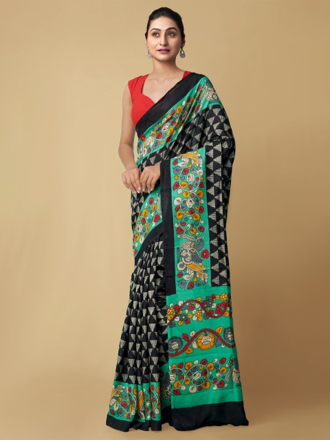 

Unnati Silks Black & Red Ethnic Motifs Art Silk Pochampally Saree