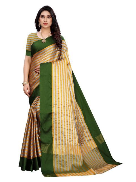 

KALINI Green & Yellow Striped Silk Blend Saree