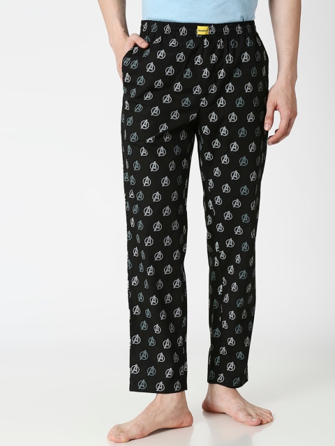 

Bewakoof Men Black & White Avengers Logo All Over Printed Lounge Pants