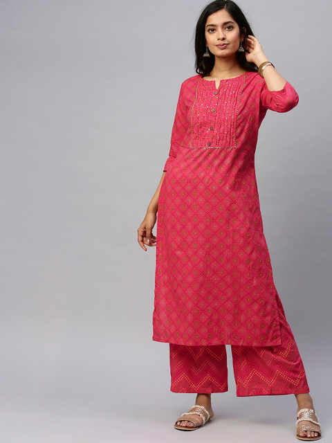 

Ishin Women Red Ethnic Motifs Printed Sequinned Pure Cotton Kurta with Palazzos