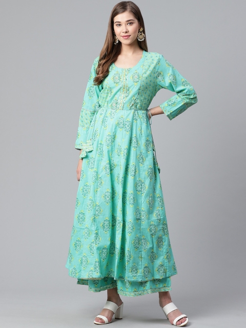 

Ishin Women Sea Green Ethnic Motifs Printed Pleated Pure Cotton Kurta with Palazzos