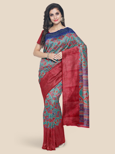 

KLM Fashion Mall Teal & Red Ethnic Motifs Linen Blend Saree
