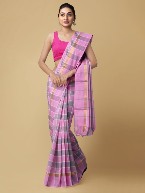 

Unnati Silks Pink & Grey Checked Pure Cotton Mangalagiri Saree