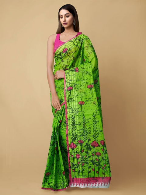 

Unnati Silks Green & Pink Floral Pure Cotton Kasavu Saree