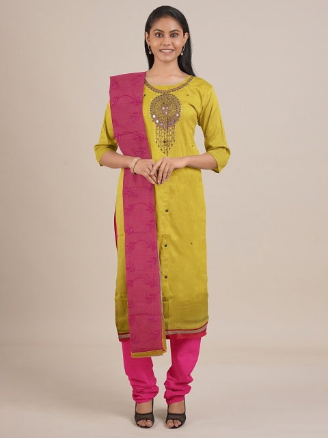 

Pothys Yellow & Pink Unstitched Dress Material