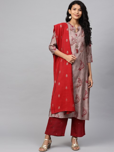 

Ishin Women Mauve Floral Printed Panelled Kurta with Palazzos & With Dupatta