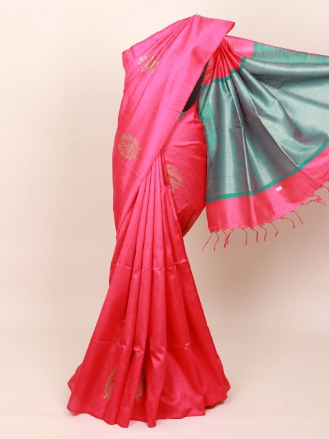

Pothys Pink & Green Floral Zari Jute Silk Saree