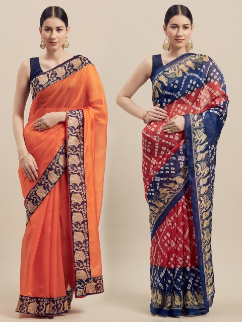

KALINI Orange & Red Pack of 2 Silk Blend Bhagalpuri Saree