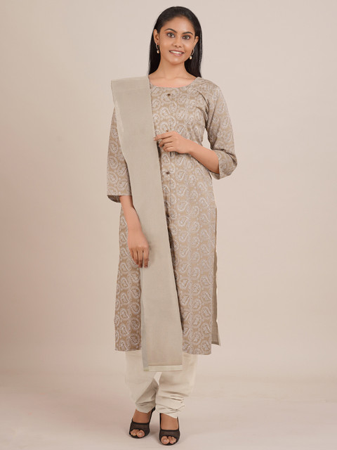 

Pothys Cream-Coloured & White Unstitched Dress Material