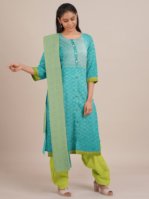 

Pothys Green & Turquoise Blue Printed Unstitched Dress Material