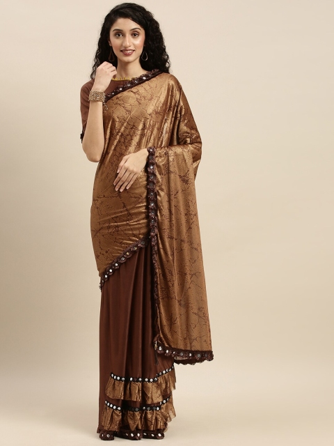 

KALINI Brown Batik Mirror Work Voile Saree
