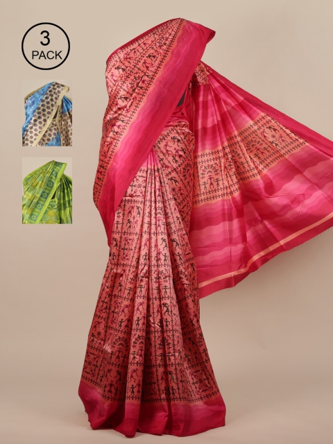 

Pothys Pack of 3 Printed Jute Silk Saree, Pink