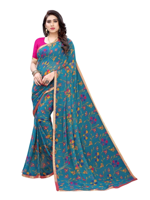 

KALINI Blue & Yellow Floral Pure Chiffon Saree