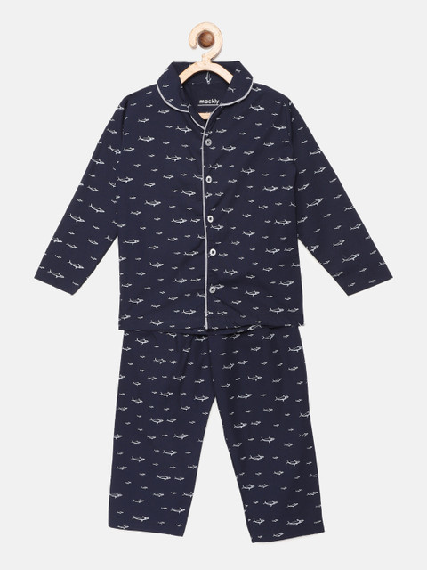 

mackly Boys Navy Blue & White Printed Night suit