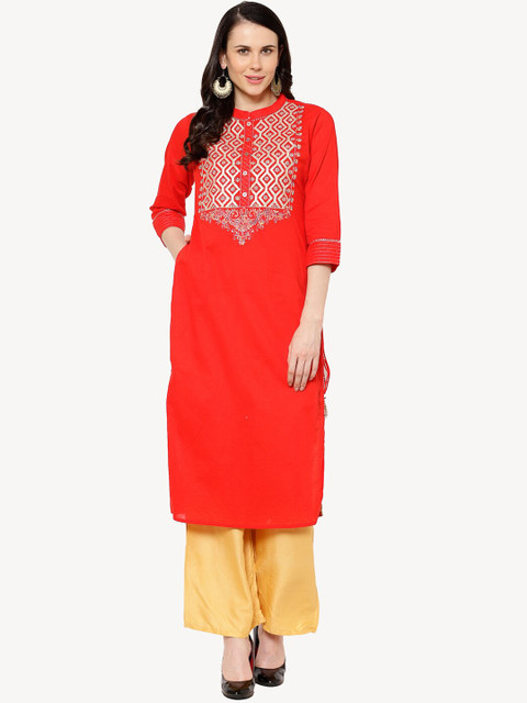 

Ramas Women Red Geometric Yoke Design Mirror Work Kurta