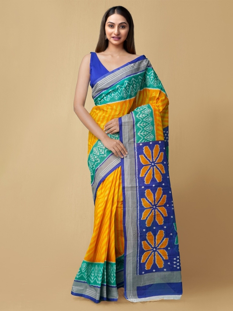 

Unnati Silks Yellow & Blue Ethnic Motifs Pure Cotton Saree