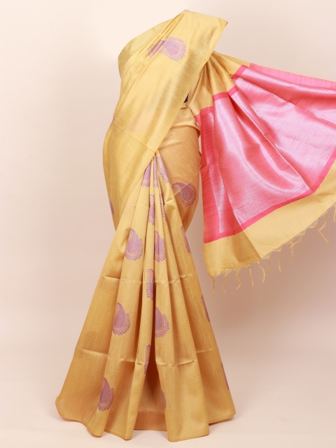 

Pothys Cream-Coloured & Pink Ethnic Motifs Jute Silk Saree