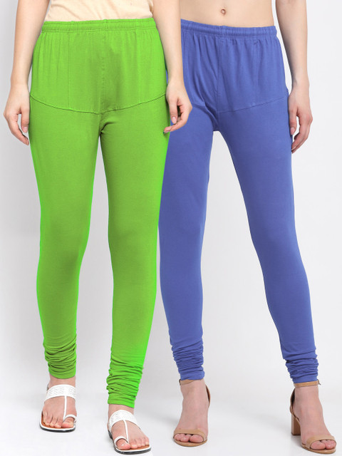 

KLOTTHE Women Pack Of 2 Blue & Green Solid Churidar-Length Cotton Leggings
