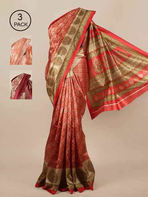 

Pothys Red & Peach-Coloured Ethnic Pack of 3 Motifs Jute Silk Saree