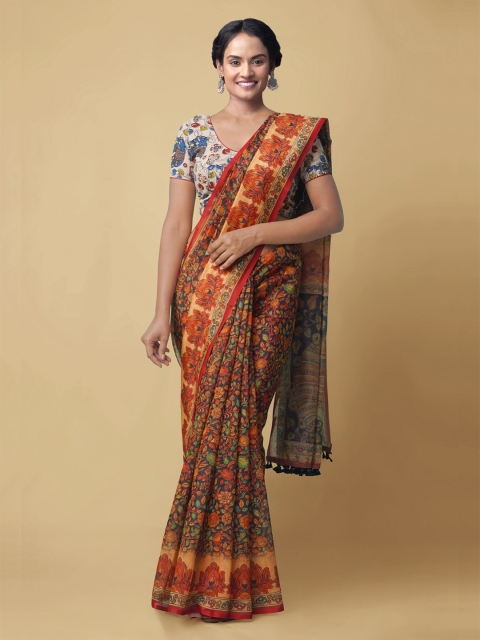 

Unnati Silks Brown & Green Kalamkari Silk Cotton Chanderi Saree