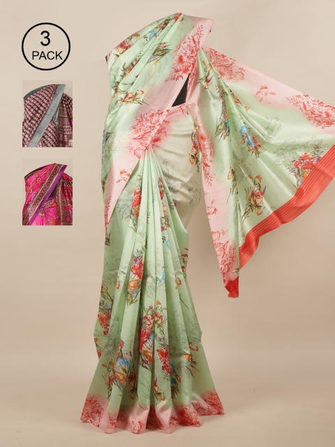 

Pothys Green & Pink Pack Of 3 Floral Jute Silk Saree