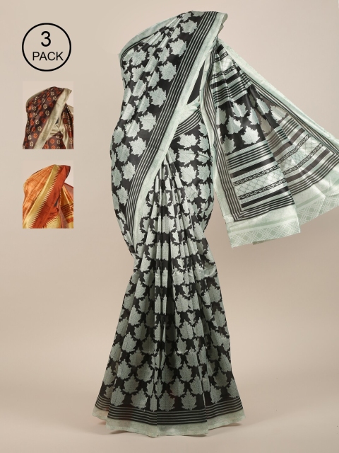 

Pothys Pack of 3 Ethnic Motifs Jute Silk Sarees, Green