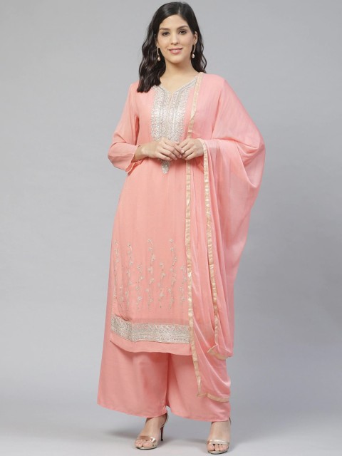 

Ishin Women Peach-Coloured Ethnic Motifs Embroidered Layered Sequinned Kurta with Palazzos & With Dupatta