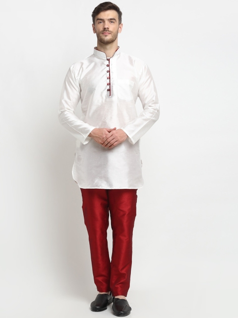 

Benstoke Men White Dupion Silk Kurta with Maroon Trousers