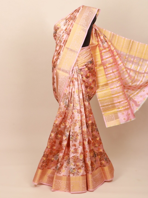 

Pothys Pink & Brown Floral Art Silk Saree