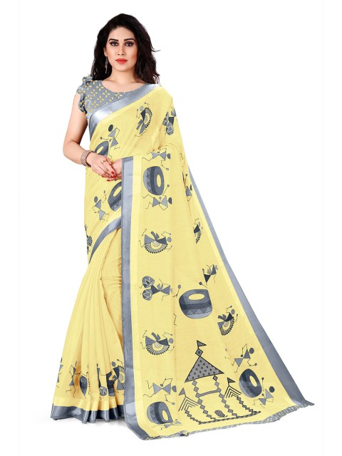 

KALINI Yellow & Grey Warli Printed Cotton Saree
