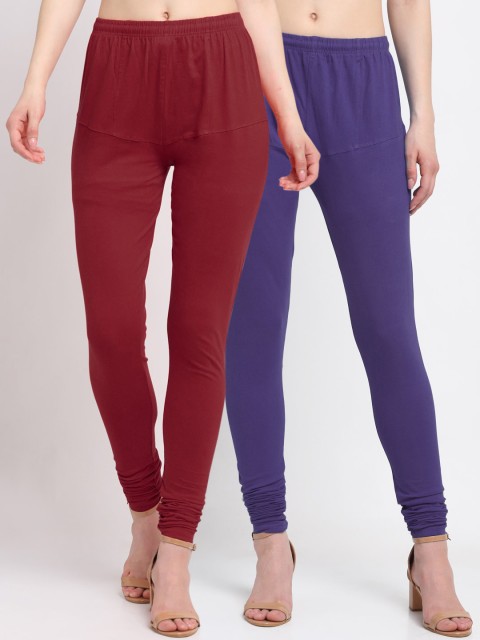 

KLOTTHE Women Pack Of 2 Blue & Maroon Solid Churidar-Length Cotton Leggings
