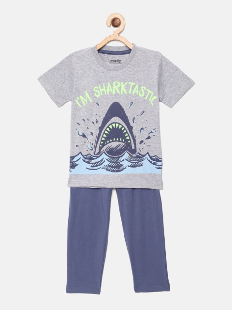 

mackly Boys Grey Melange & Blue Printed Night suit
